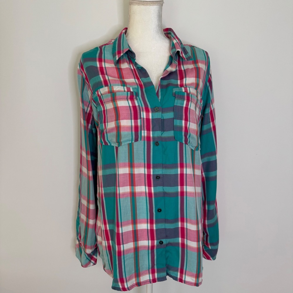 Kut from the Kloth Caillen Flannel Relaxed Button Down Top Pink Aqua Plaid XL - Picture 3 of 14